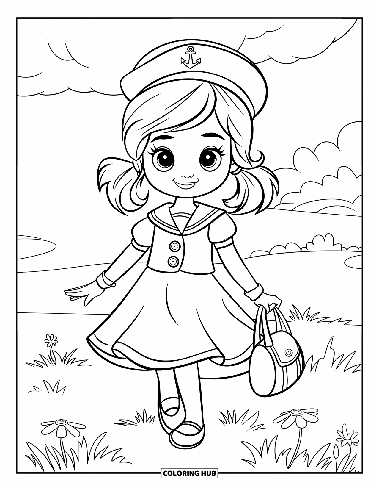 Fashion Dress Coloring Page for Kids: A girl in a sailor dress with buttons and an anchor smiles cheerfully