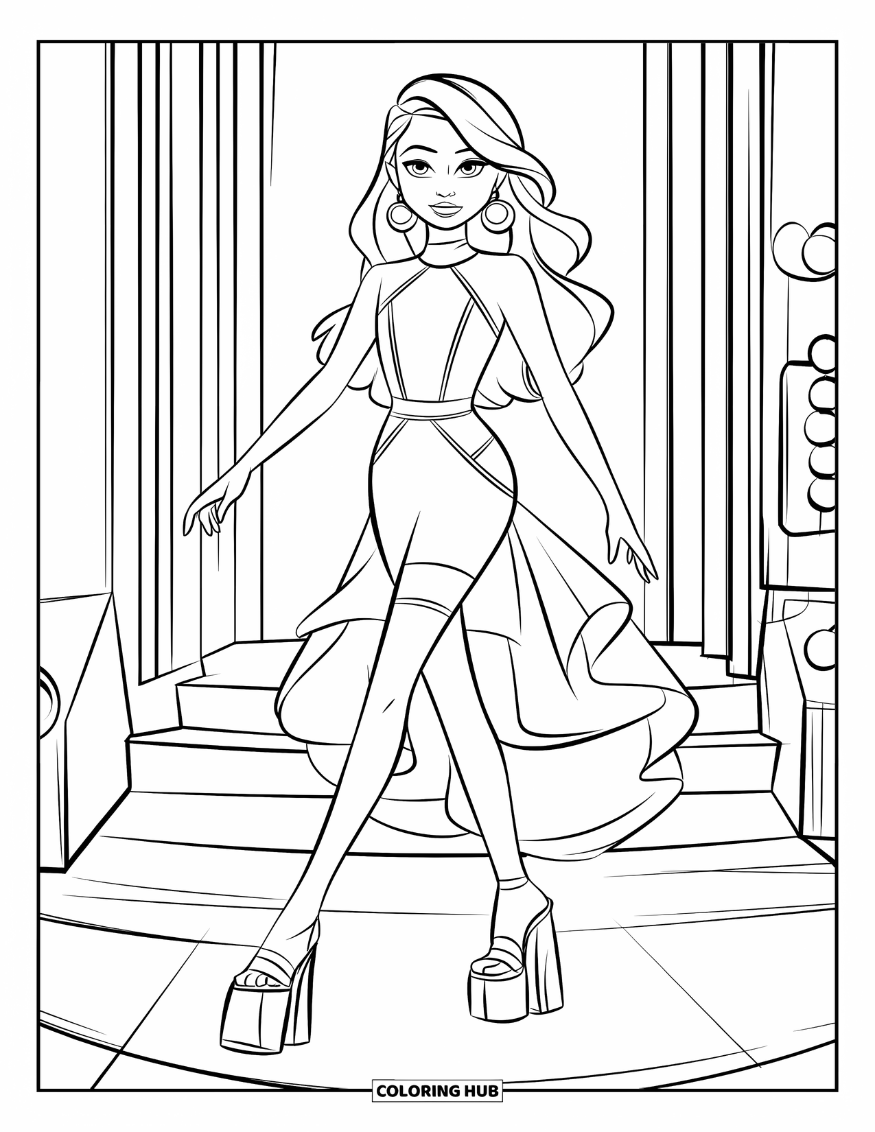 Fashion Dress Coloring Page for Kids: A girl in a sleek dress with cutouts stands on a stage with props