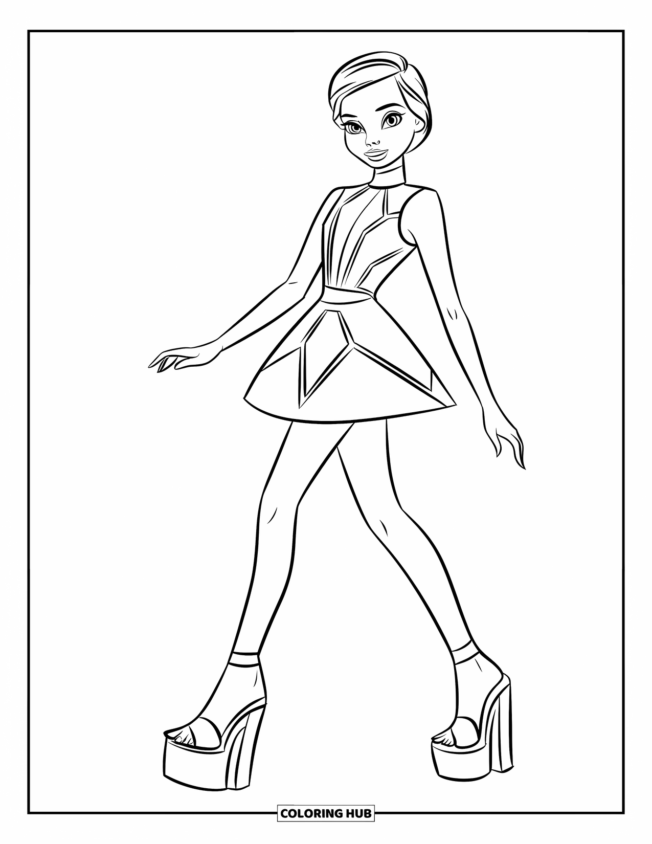 Fashion Dress Coloring Page for Kids: A girl in a sleek dress with cutouts struts gracefully in platform heels