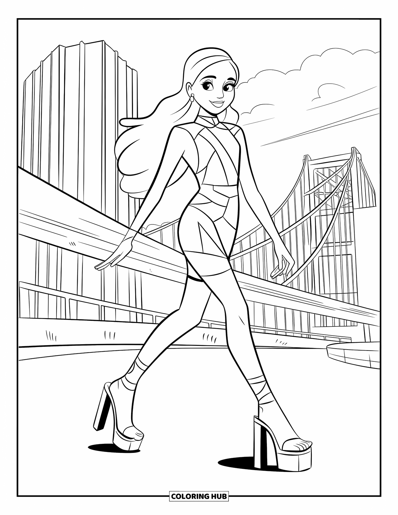 Fashion Dress Coloring Page for Kids: A girl in a sleek dress with cutouts walks confidently on a city street