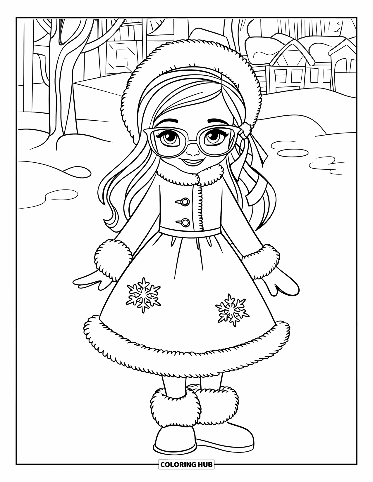 Fashion Dress Coloring Page for Kids: A girl in a snowflake dress and boots stands in a snowy landscape with trees