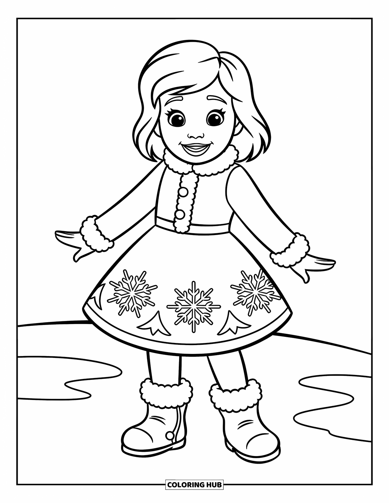 Fashion Dress Coloring Page for Kids: A girl in a snowflake dress and cozy boots smiles brightly in a snowy landscape