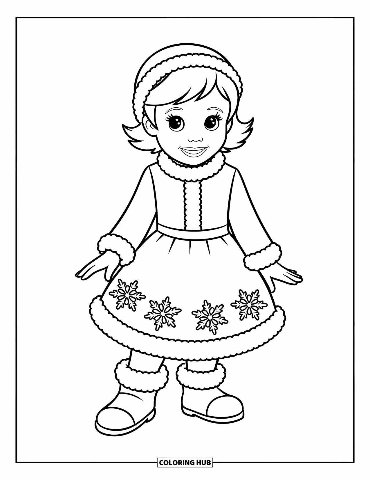 Fashion Dress Coloring Page for Kids: A girl in a snowflake dress and warm boots stands joyfully on snowy ground