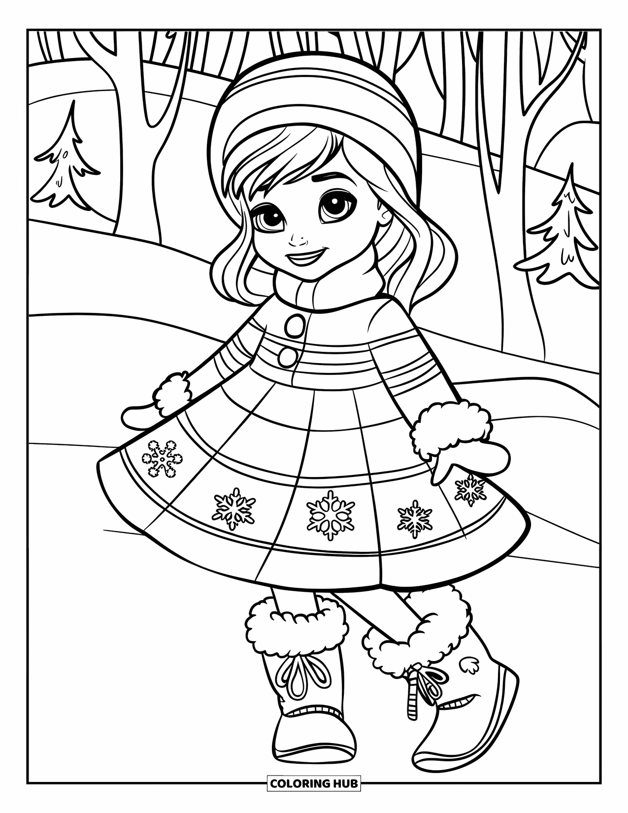 Fashion Dress Coloring Page for Kids: A girl in a snowflake dress and warm boots stands on snow near snowy trees