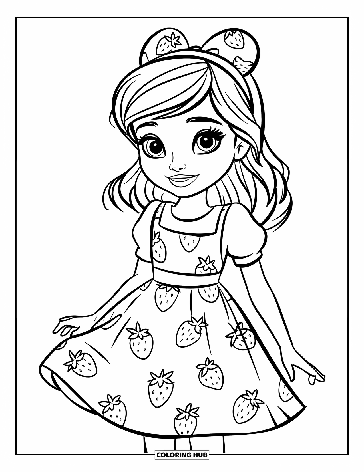Fashion Dress Coloring Page for Kids: A girl in a strawberry dress stands on grass by a cottage with flowers