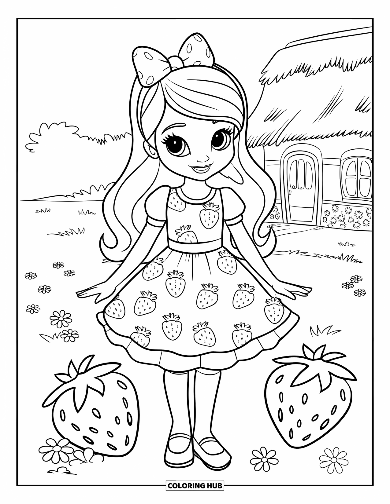 Fashion Dress Coloring Page for Kids: A girl in a strawberry-patterned dress stands by a cottage and a picket fence