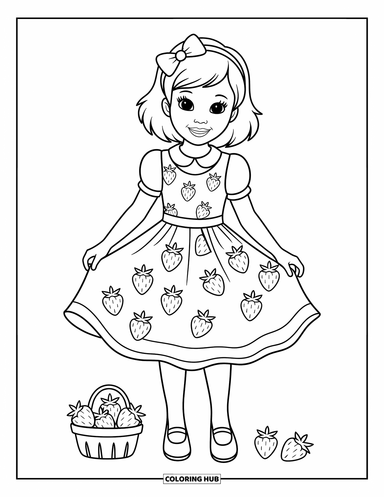 Fashion Dress Coloring Page for Kids: A girl in a strawberry-patterned pinafore dress stands happily on a grassy field