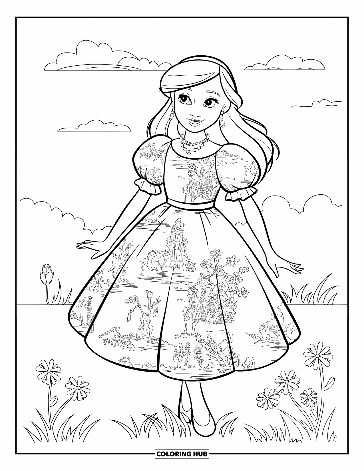 Fashion Dress Coloring Page for Kids: A girl in a tea-length dress with puff sleeves stands on a grassy field