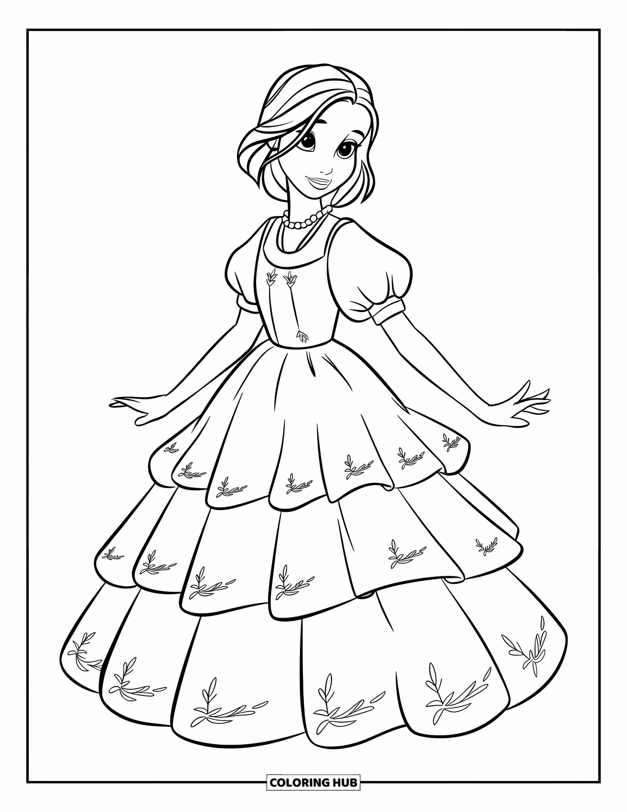 Fashion Dress Coloring Page for Kids: A girl in a tiered dress with puff sleeves smiles with her eyes closed