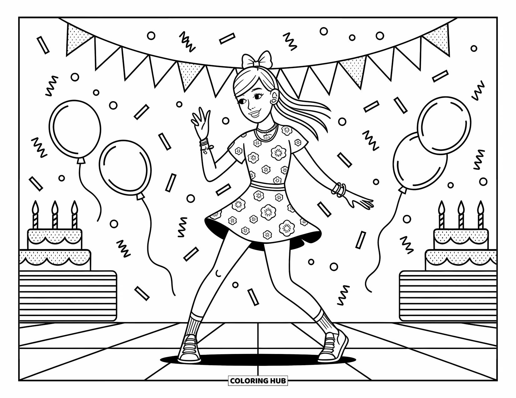 Fashion Dress Coloring Page for Kids: A girl in a trendy dress dances joyfully at a party with balloons and streamers