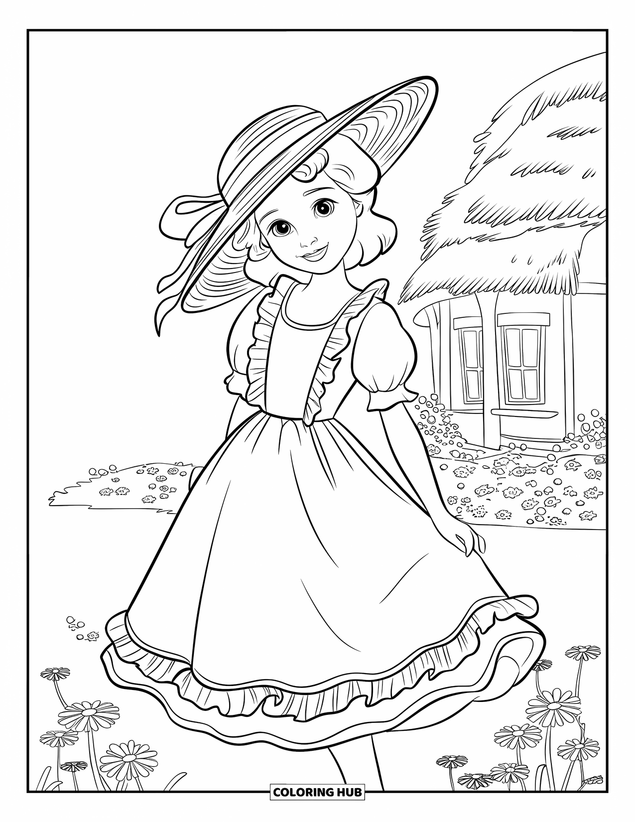 Fashion Dress Coloring Page for Kids: A girl in a vintage dress with ruffles and a straw hat stands in a flower field