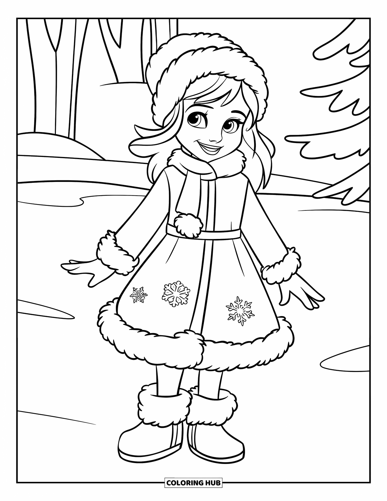 Fashion Dress Coloring Page for Kids: A girl in a winter dress with snowflakes and boots stands on snowy ground