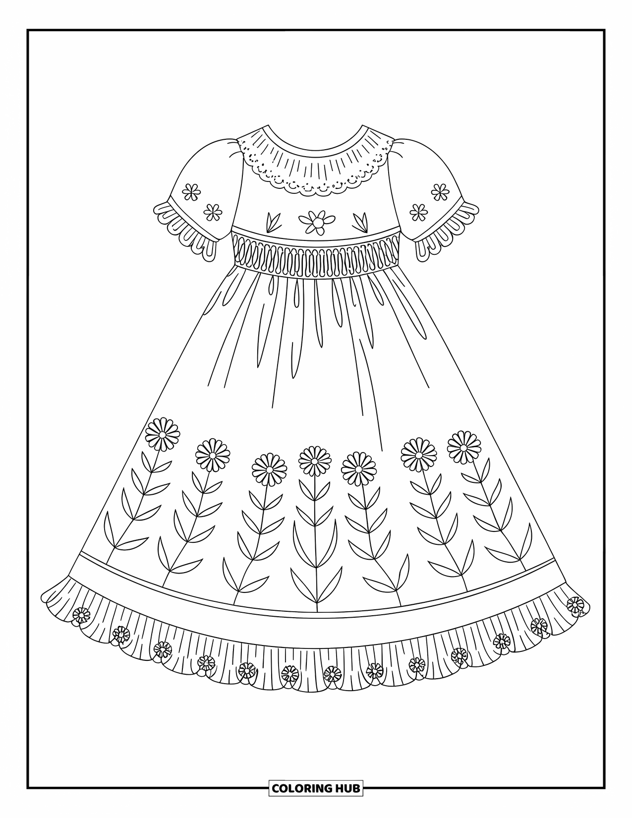 Fashion Dress Coloring Page for Kids: A lace-trimmed dress with smocked details hangs gracefully