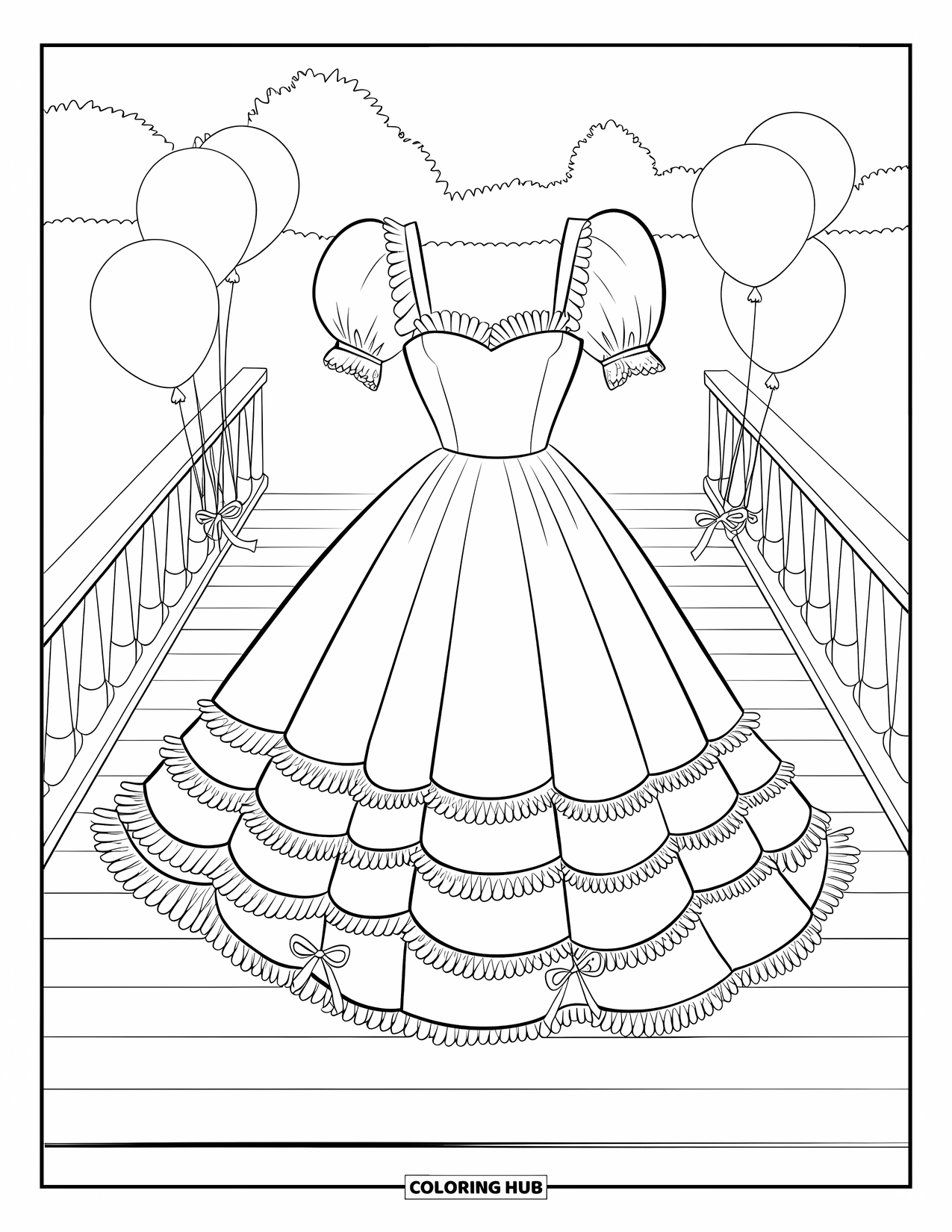 Fashion Dress Coloring Page for Kids: A lace-trimmed ruffled dress with puff sleeves shines on a wooden runway