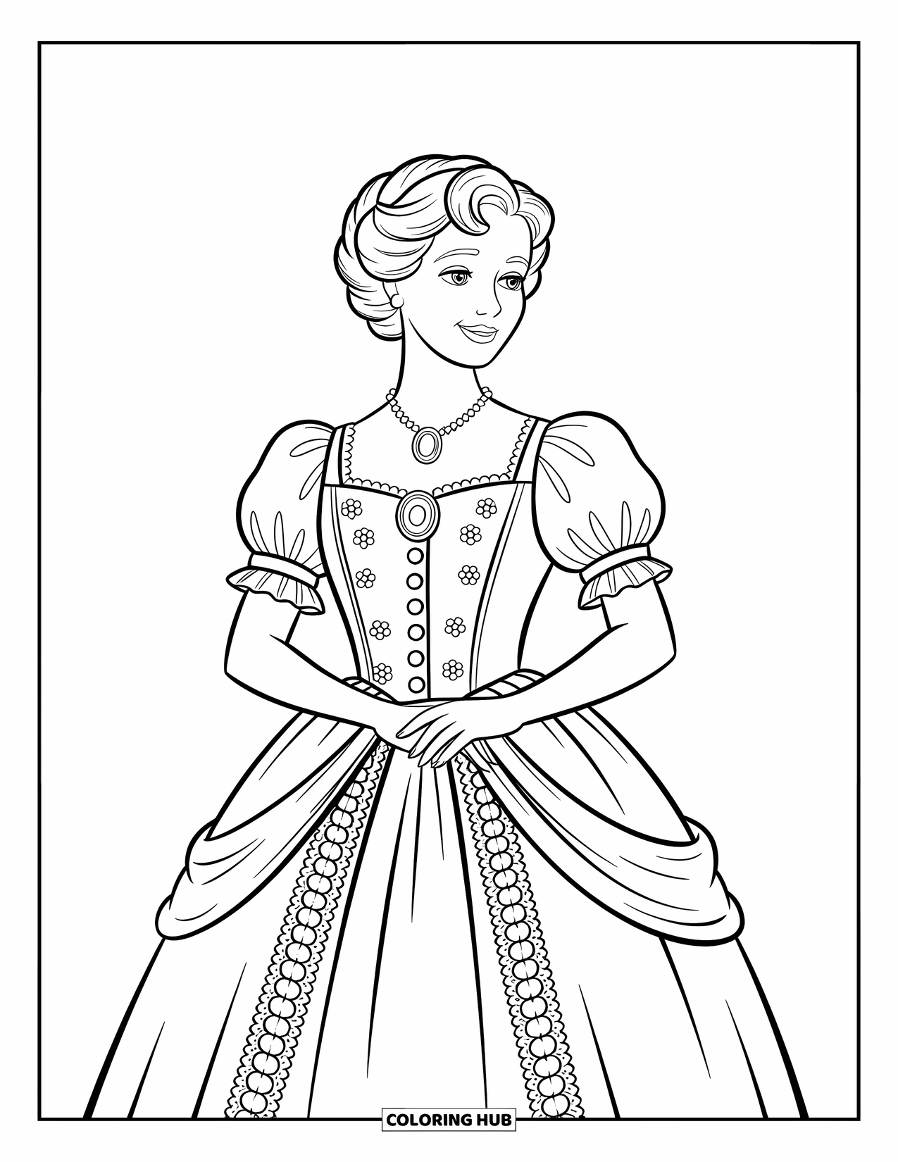 Fashion Dress Coloring Page for Kids: A lace-trimmed Victorian dress with buttons stands gracefully against a white background
