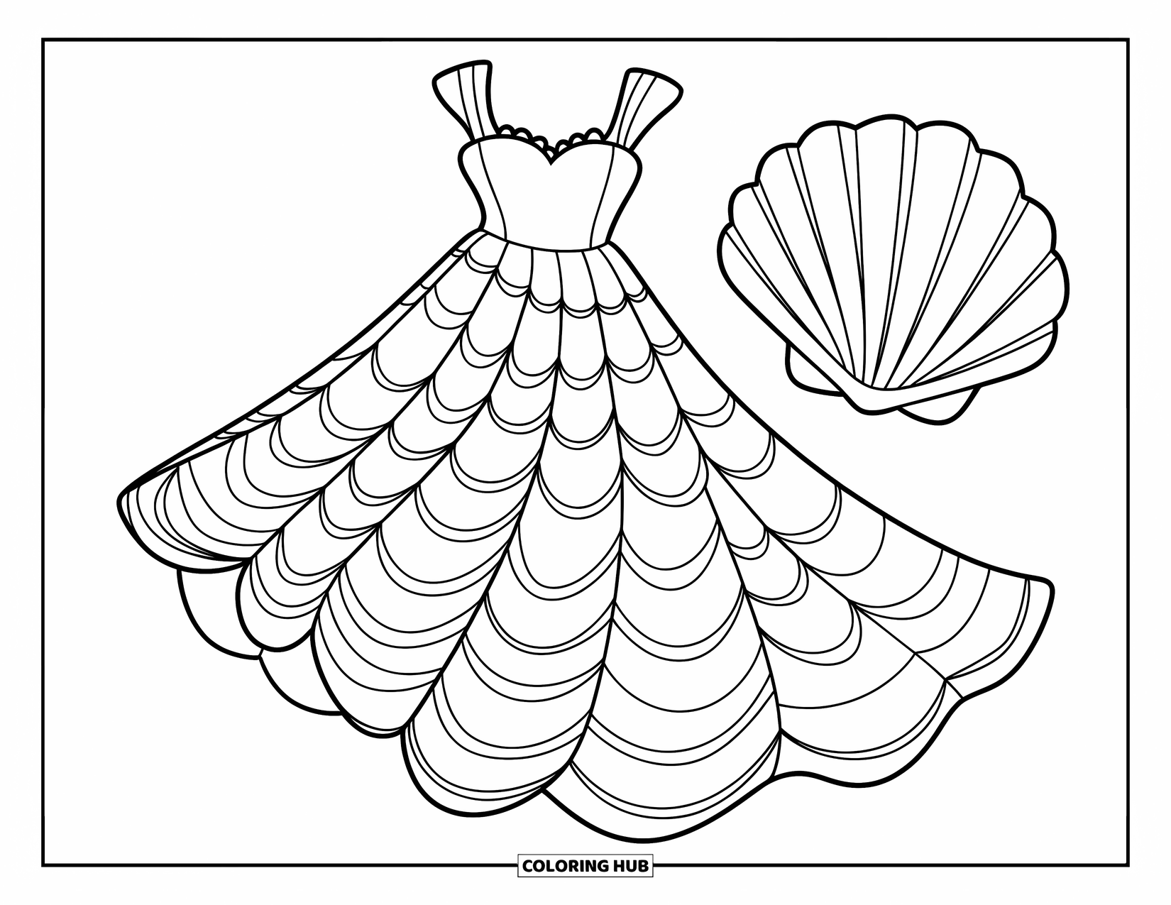Fashion Dress Coloring Page for Kids: A mermaid dress with scallop patterns and a seashell stands on a white background