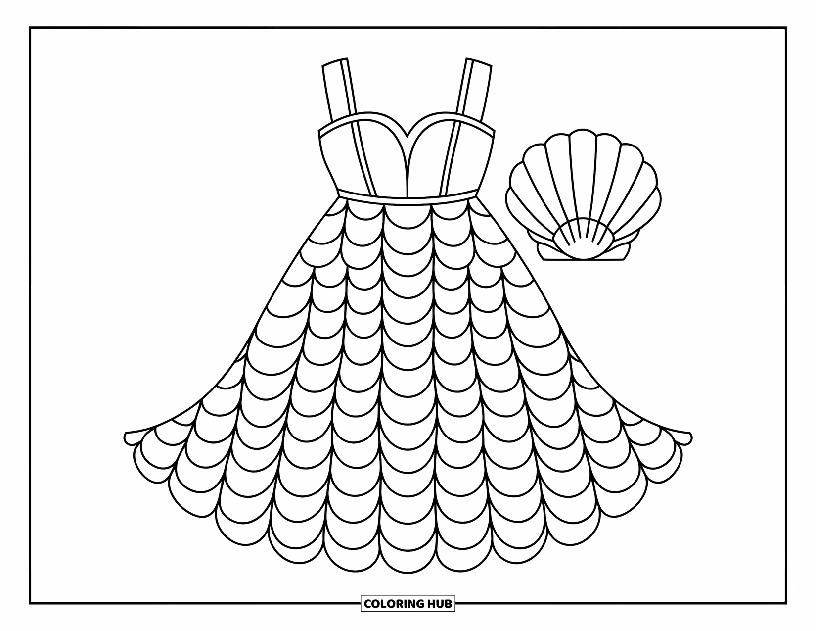 Fashion Dress Coloring Page for Kids: A mermaid dress with scallop patterns stands beside a spiral seashell