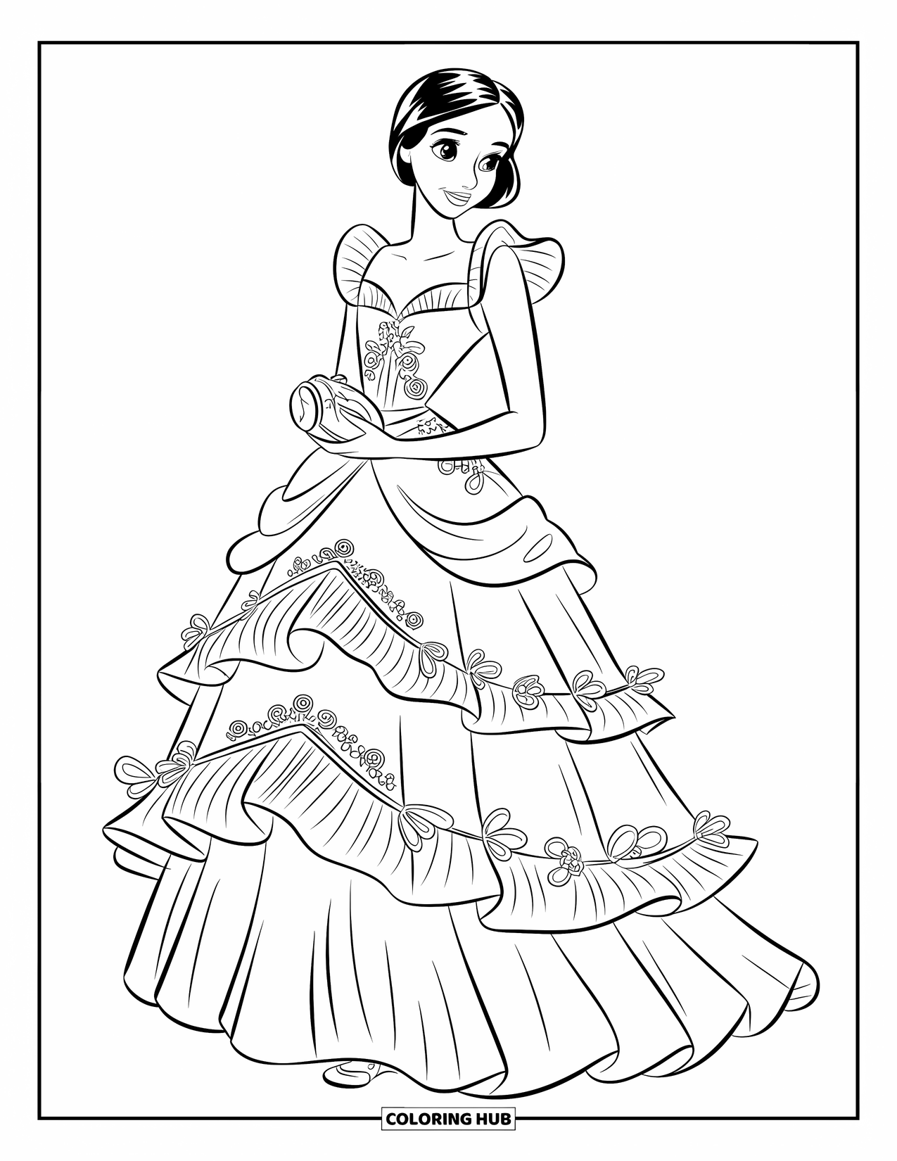 Fashion Dress Coloring Page for Kids: A model in a floral dress with ruffles holds a clutch elegantly