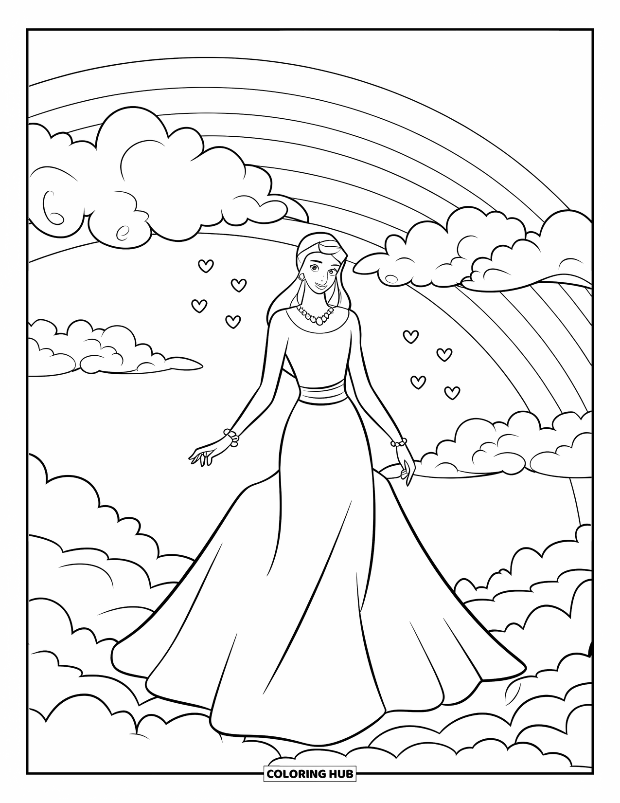 Fashion Dress Coloring Page for Kids: A model in a gown and crown stands on a cloud with hearts and stars