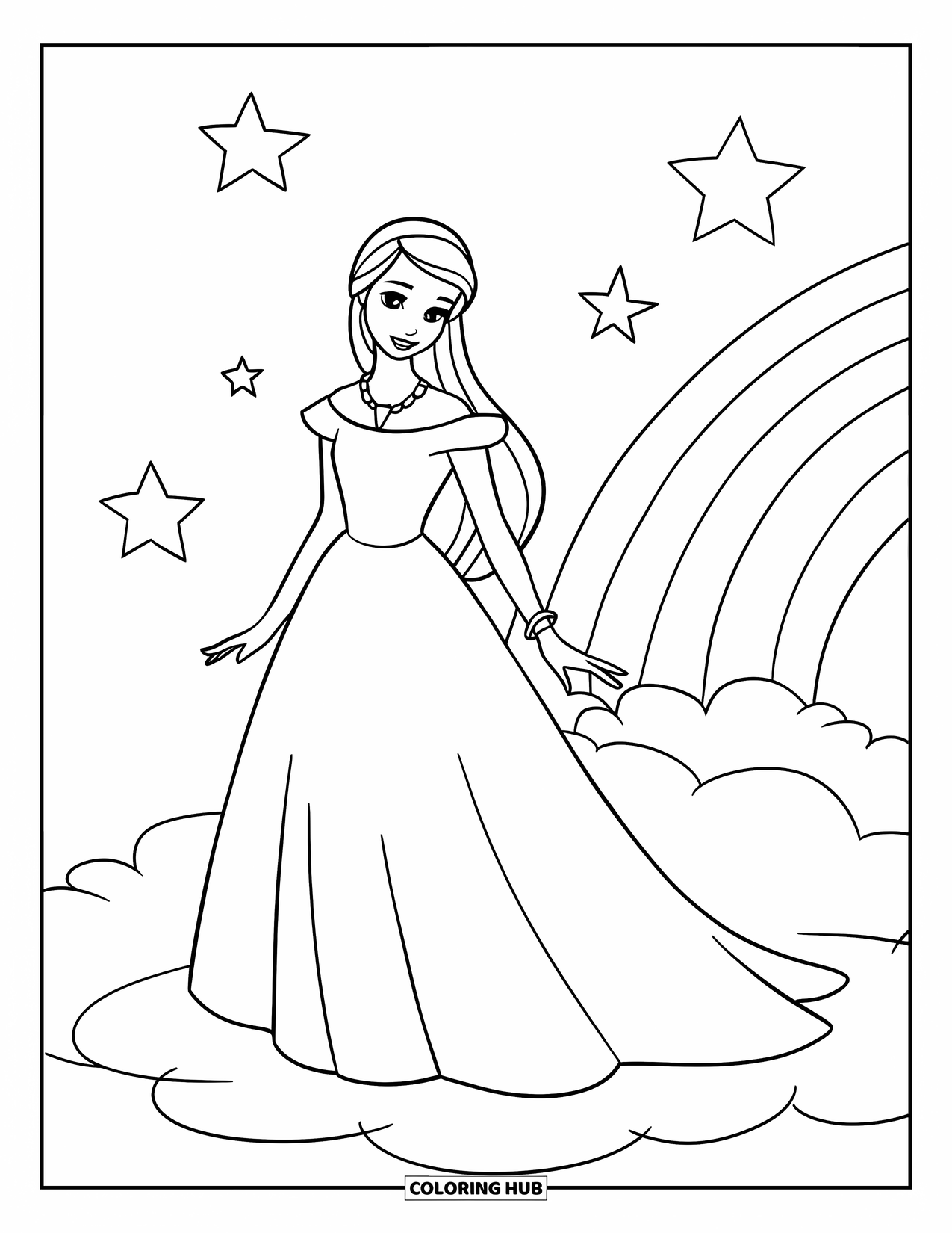 Fashion Dress Coloring Page for Kids: A model in a gown and crown stands on a cloud with stars and a rainbow