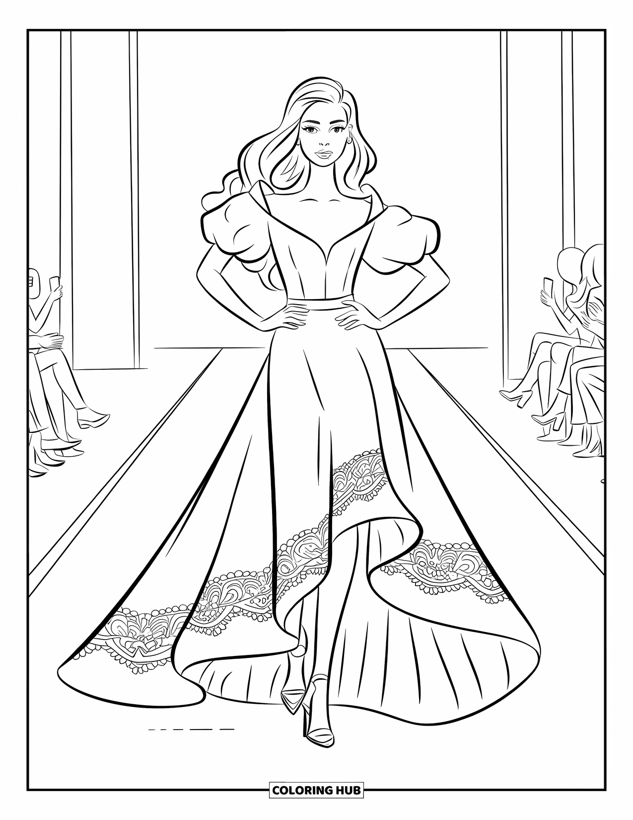 Fashion Dress Coloring Page for Kids: A model in a lace gown with puff sleeves walks the runway confidently