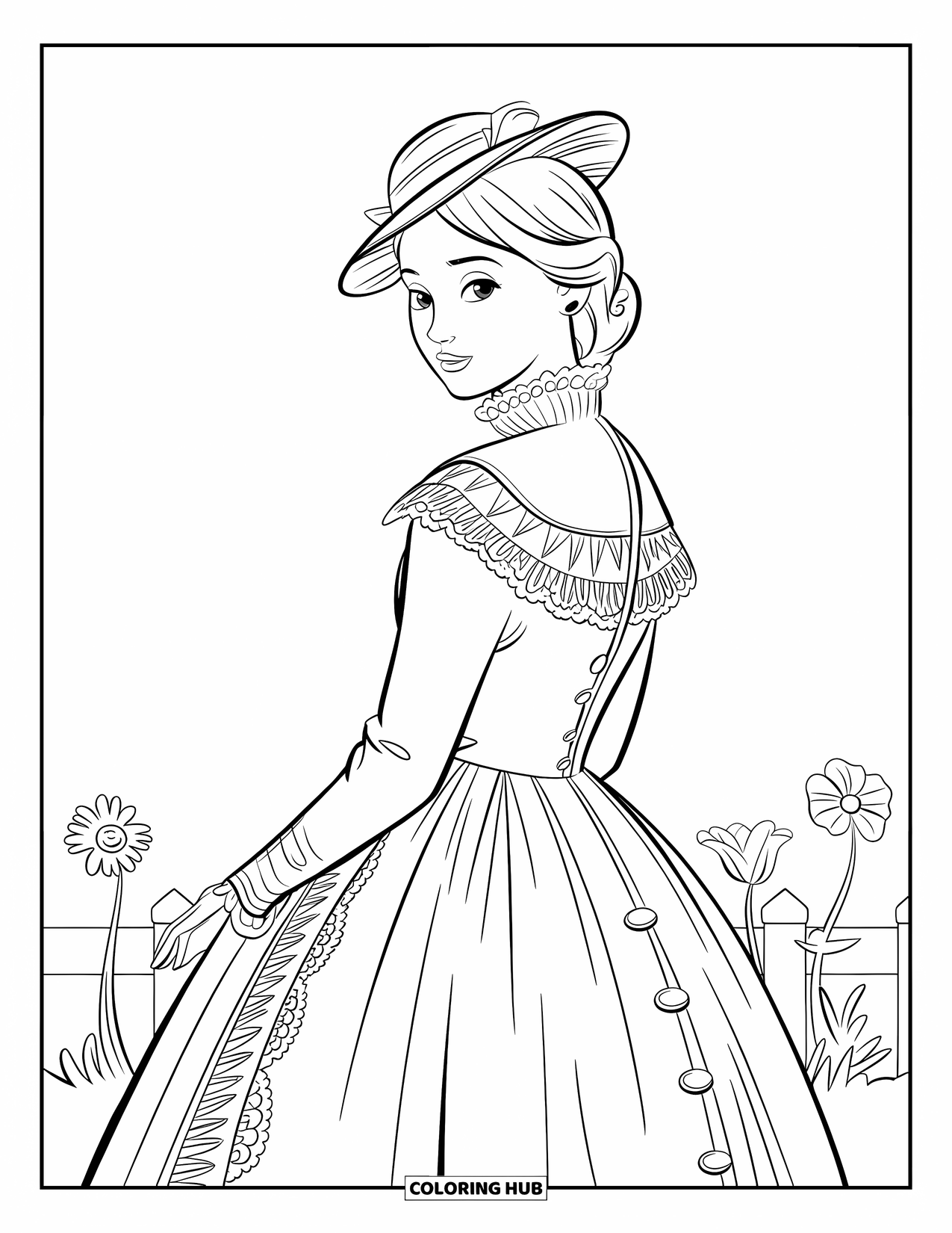 Fashion Dress Coloring Page for Kids: A model in a lace-trimmed Victorian dress stands by a fence and flowers