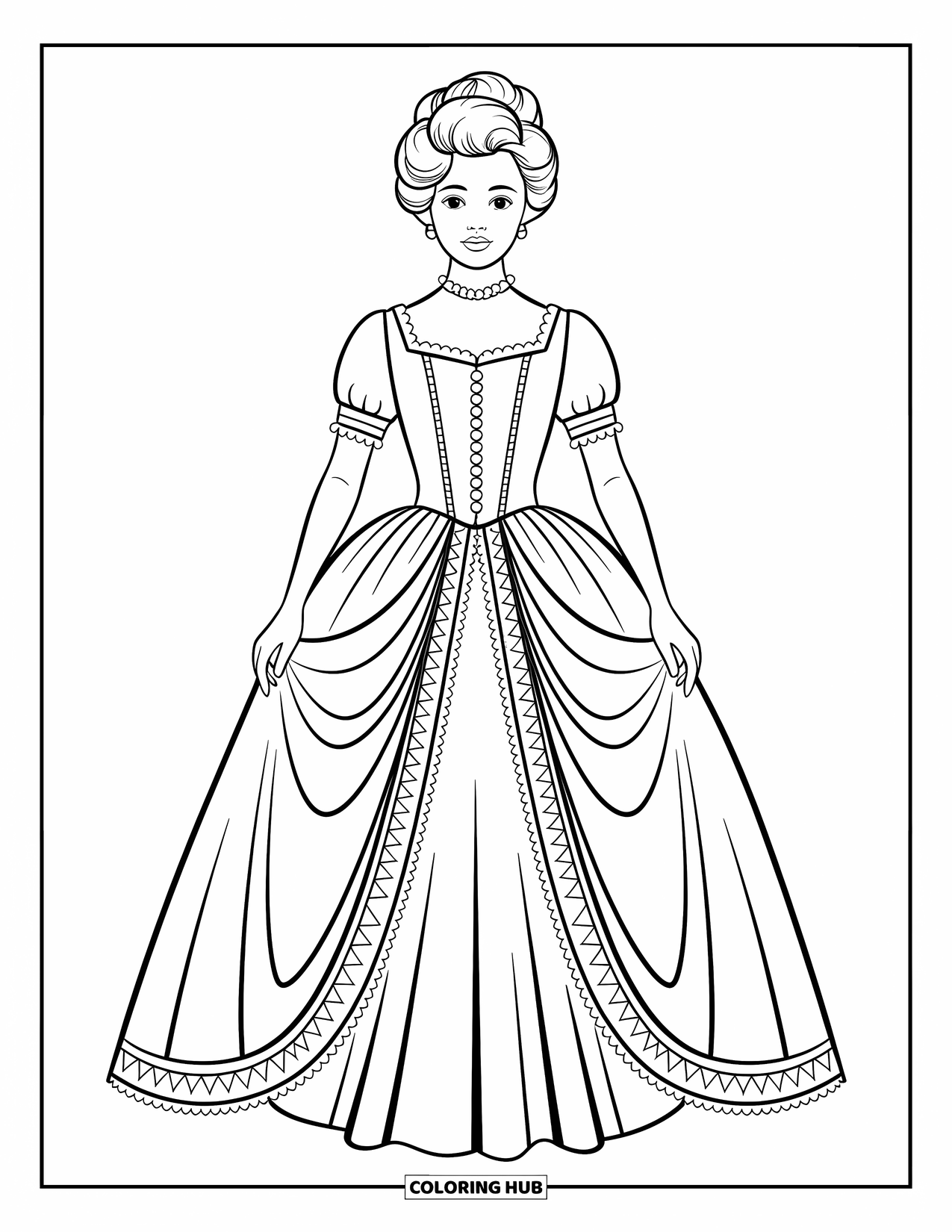 Fashion Dress Coloring Page for Kids: A model in a lace-trimmed Victorian dress stands gracefully on a simple background