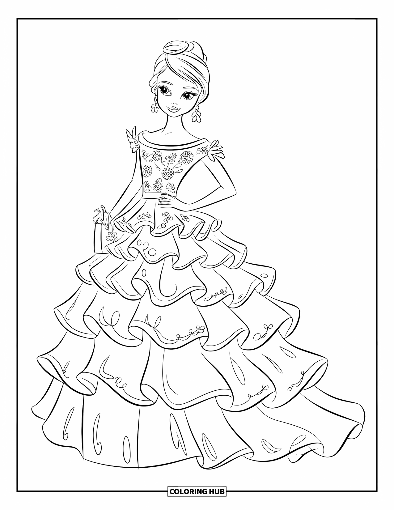 Fashion Dress Coloring Page for Kids: A model in a ruffled dress with floral details stands gracefully