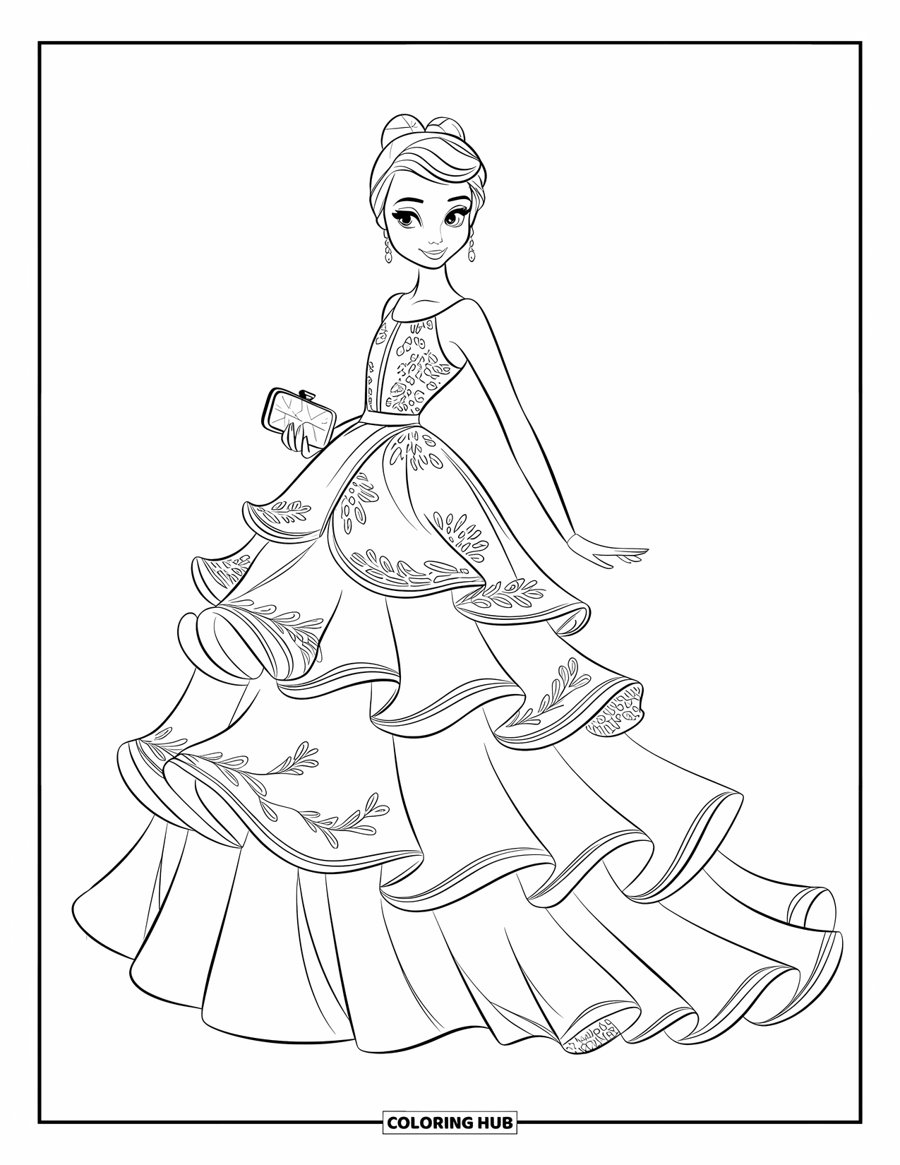 Fashion Dress Coloring Page for Kids: A model in a ruffled dress with floral embroidery holds a clutch