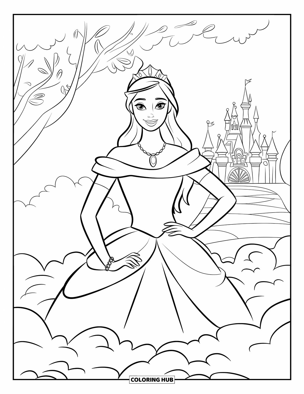 Fashion Dress Coloring Page for Kids: A model in a simple gown with a necklace stands on a cloud by a castle