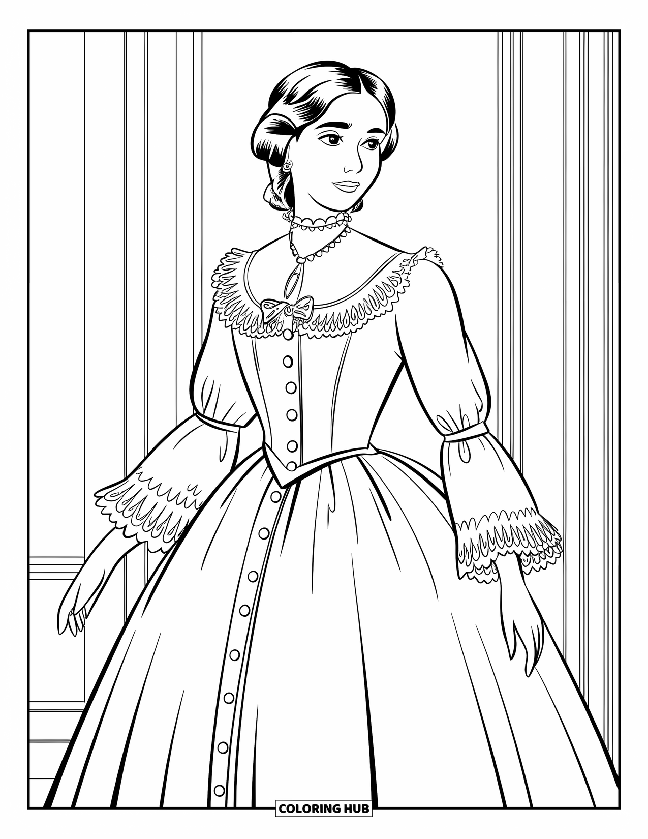 Fashion Dress Coloring Page for Kids: A model in a Victorian dress with lace and buttons stands by a window