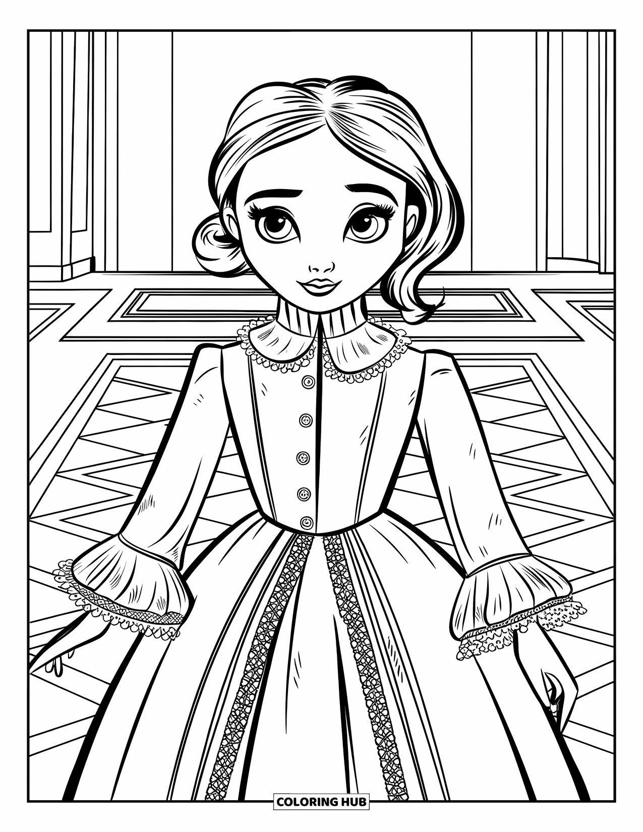 Fashion Dress Coloring Page for Kids: A model in a Victorian dress with lace and buttons stands on a patterned floor