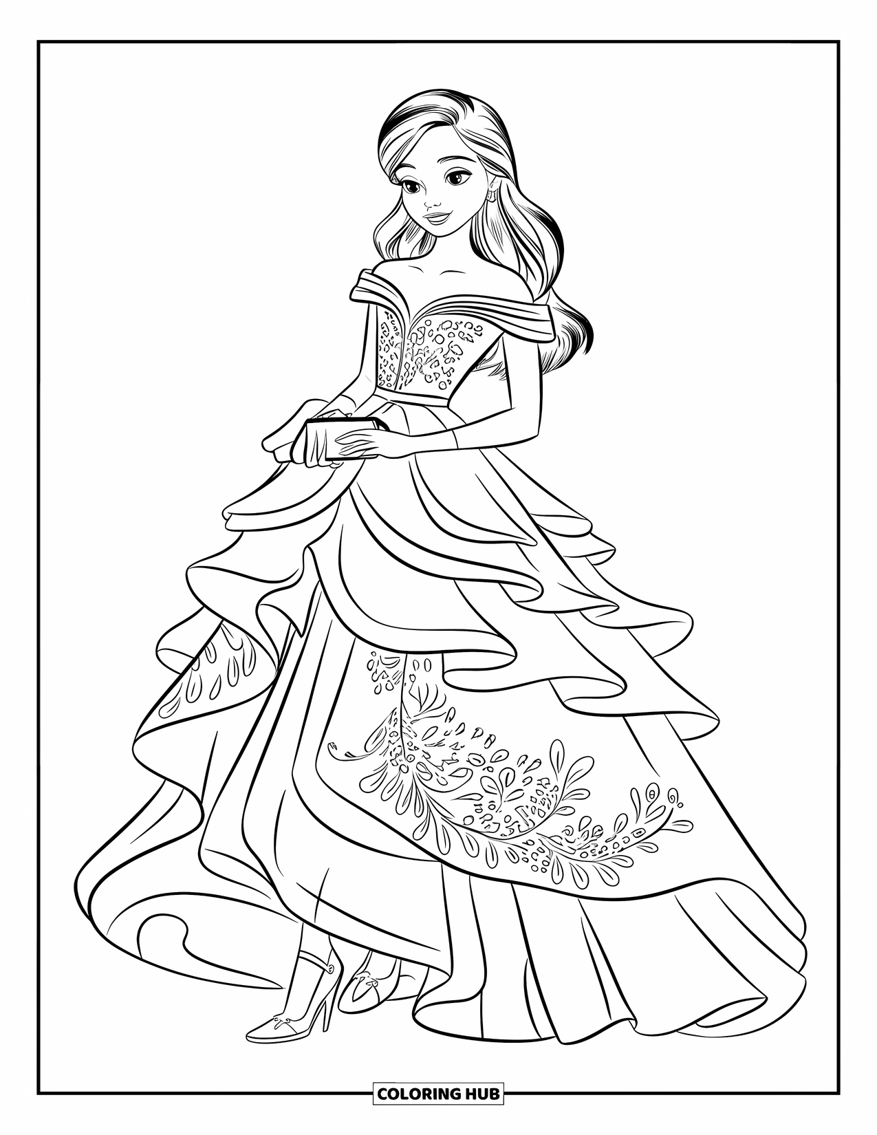 Fashion Dress Coloring Page for Kids: A model wears a ruffled dress with floral details, holding a small clutch