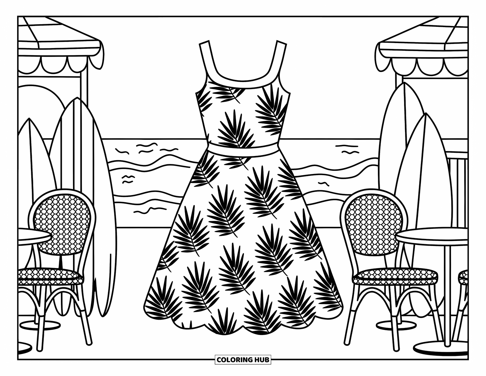 Fashion Dress Coloring Page for Kids: A palm leaf dress stands at a café with surfboards and palm trees on a beach