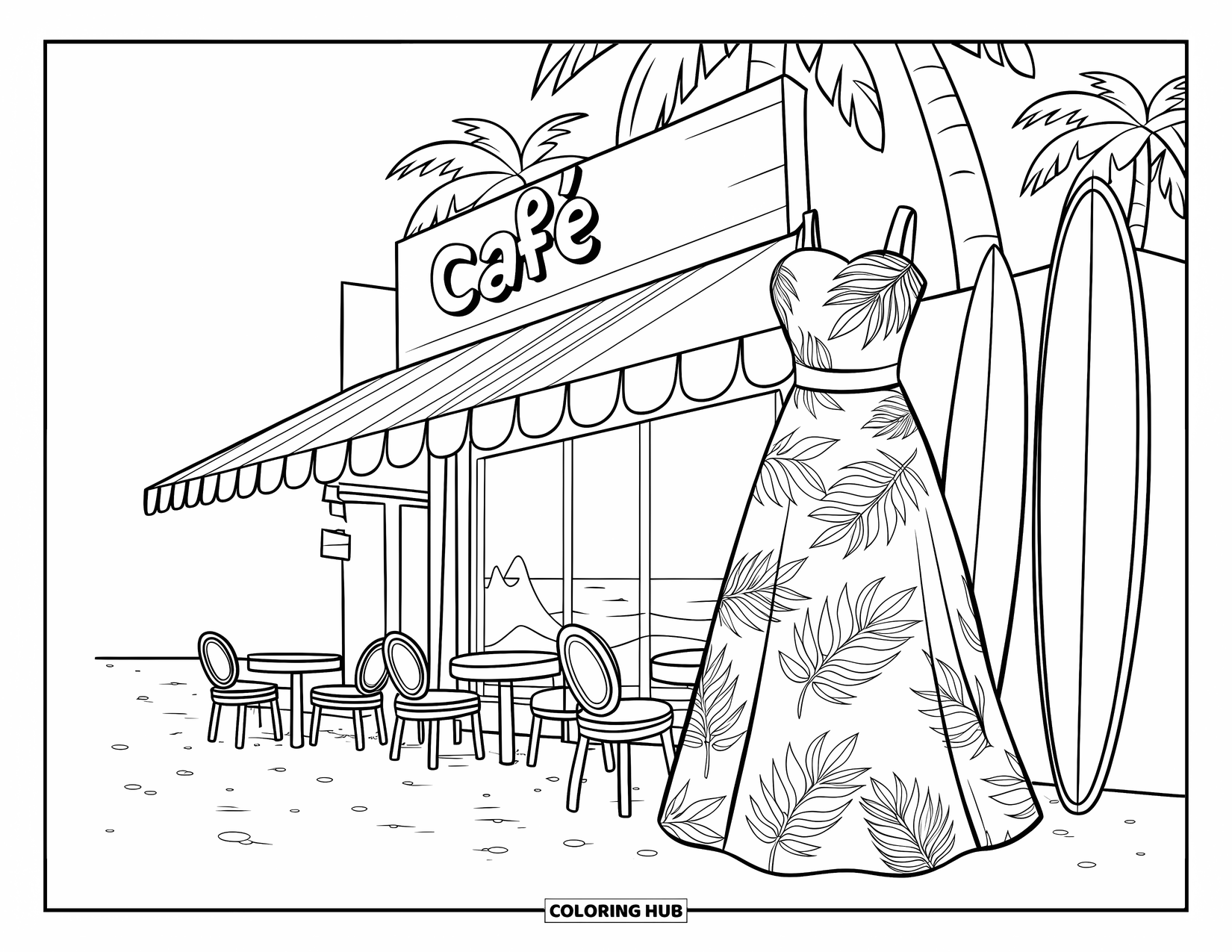 Fashion Dress Coloring Page for Kids: A palm leaf dress stands near a beach café with surfboards and palm trees