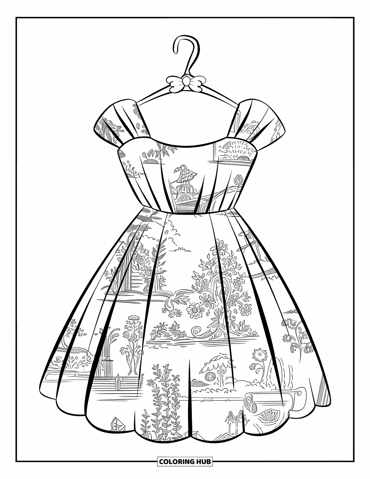 Fashion Dress Coloring Page for Kids: A pleated dress with toile patterns hangs on a chic wooden hanger