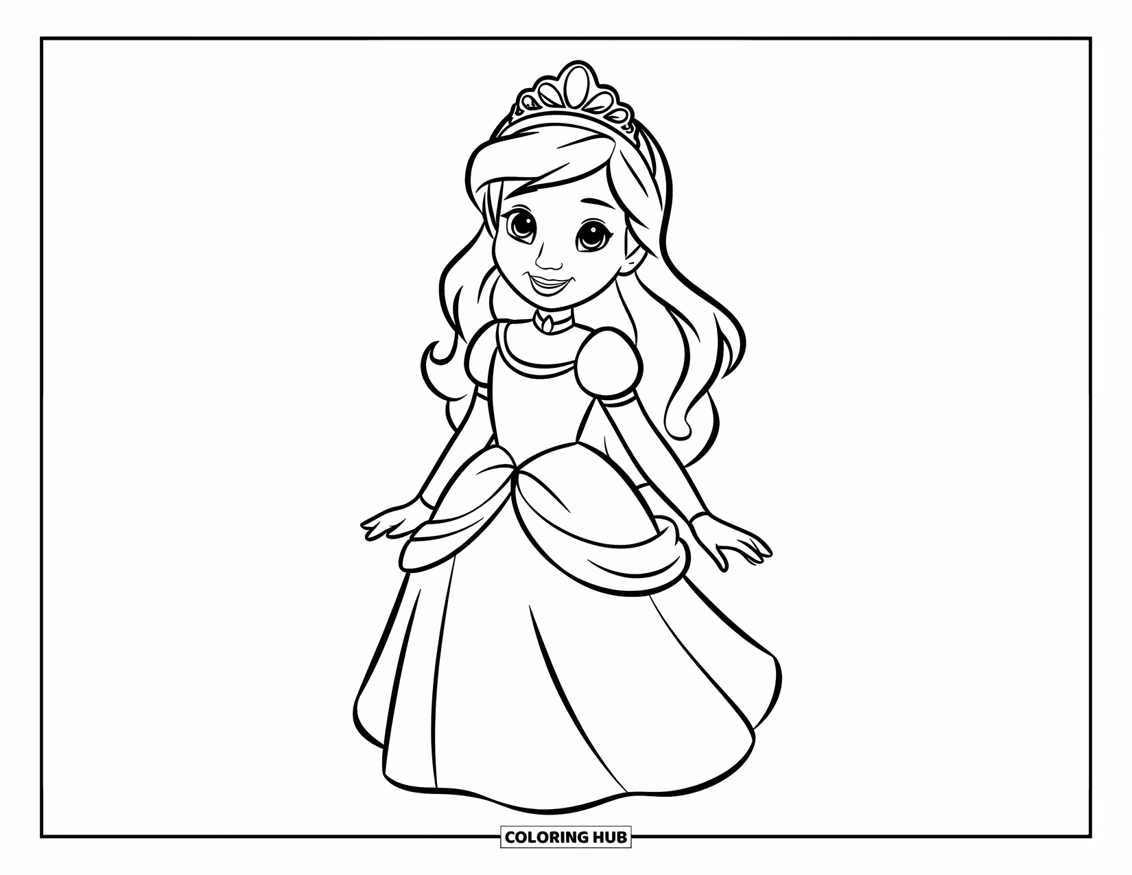 Fashion Dress Coloring Page for Kids: A princess in a blue dress and tiara stands gracefully on a white background