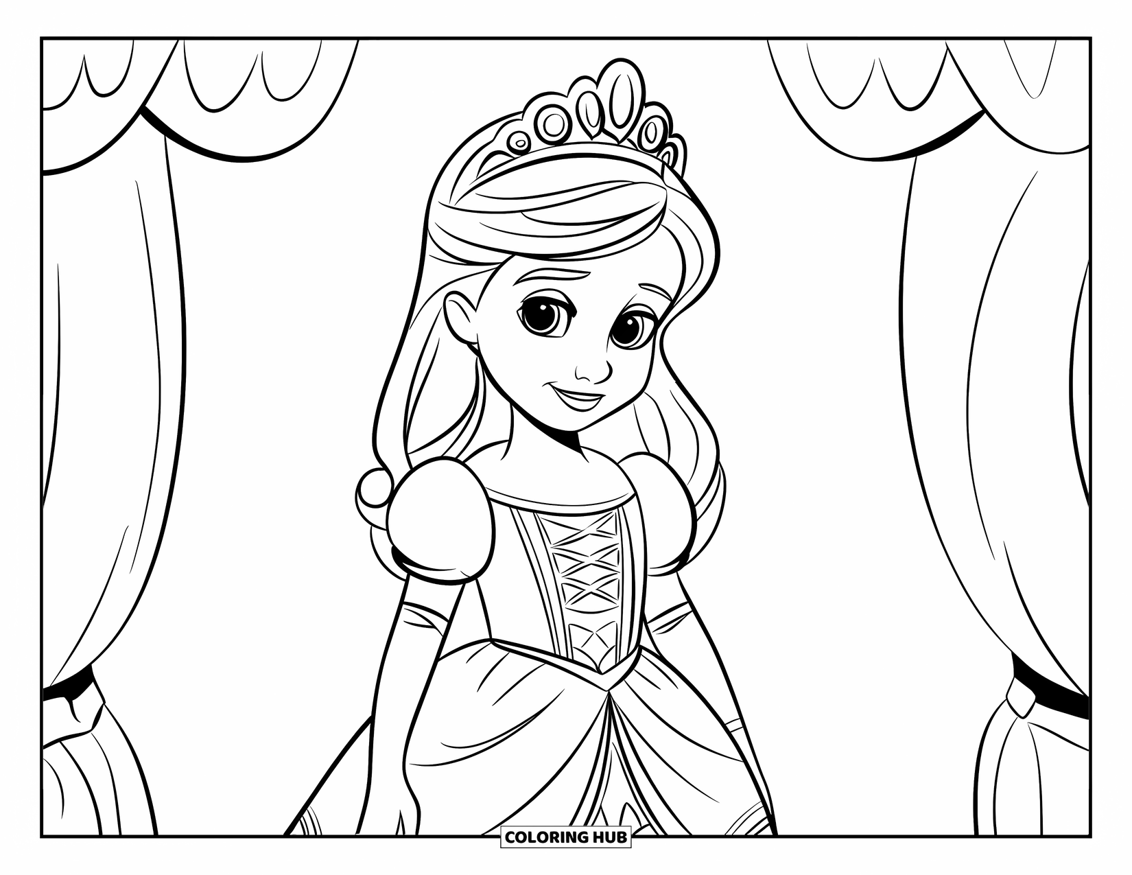 Fashion Dress Coloring Page for Kids: A princess in a dress with a white collar stands with a tiara on her head