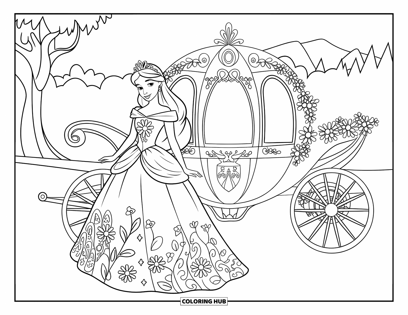 Fashion Dress Coloring Page for Kids: A princess in a dress with vine patterns stands near a royal carriage