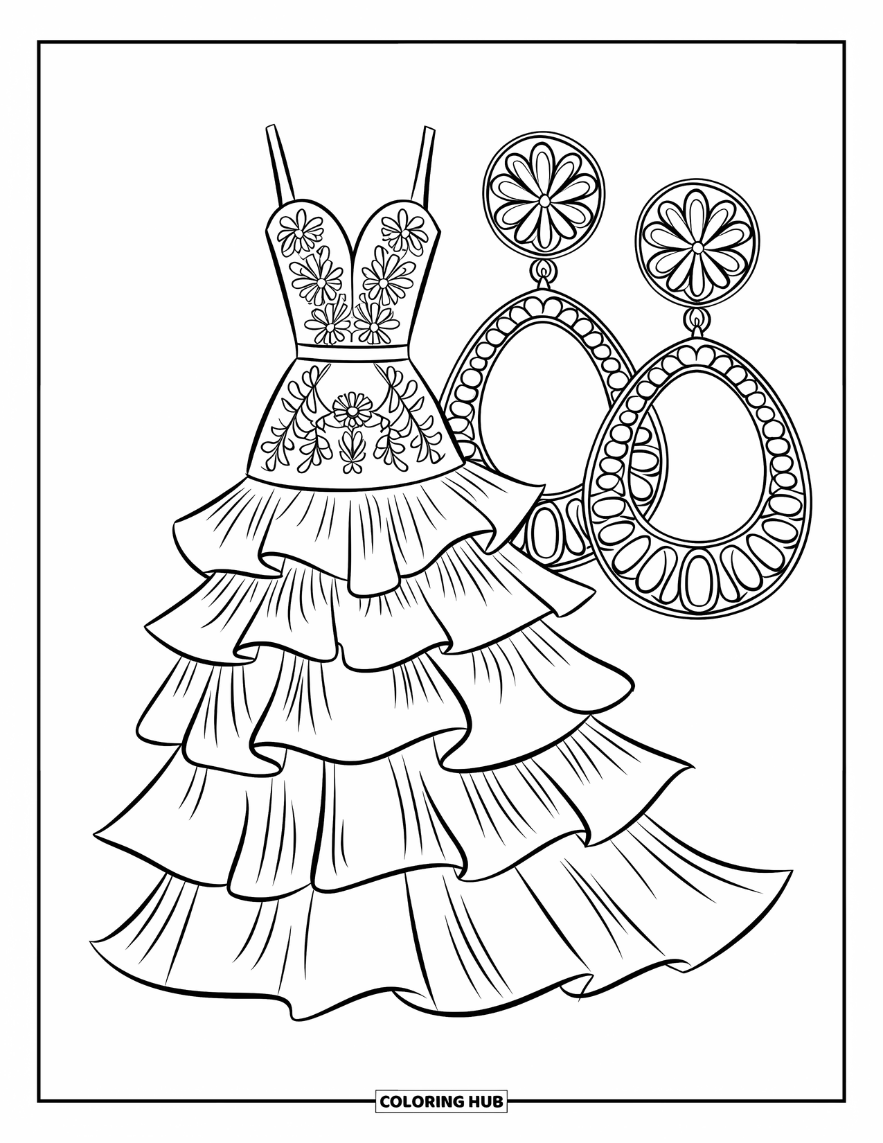 Fashion Dress Coloring Page for Kids: A ruffled dress with floral details is paired with statement earrings