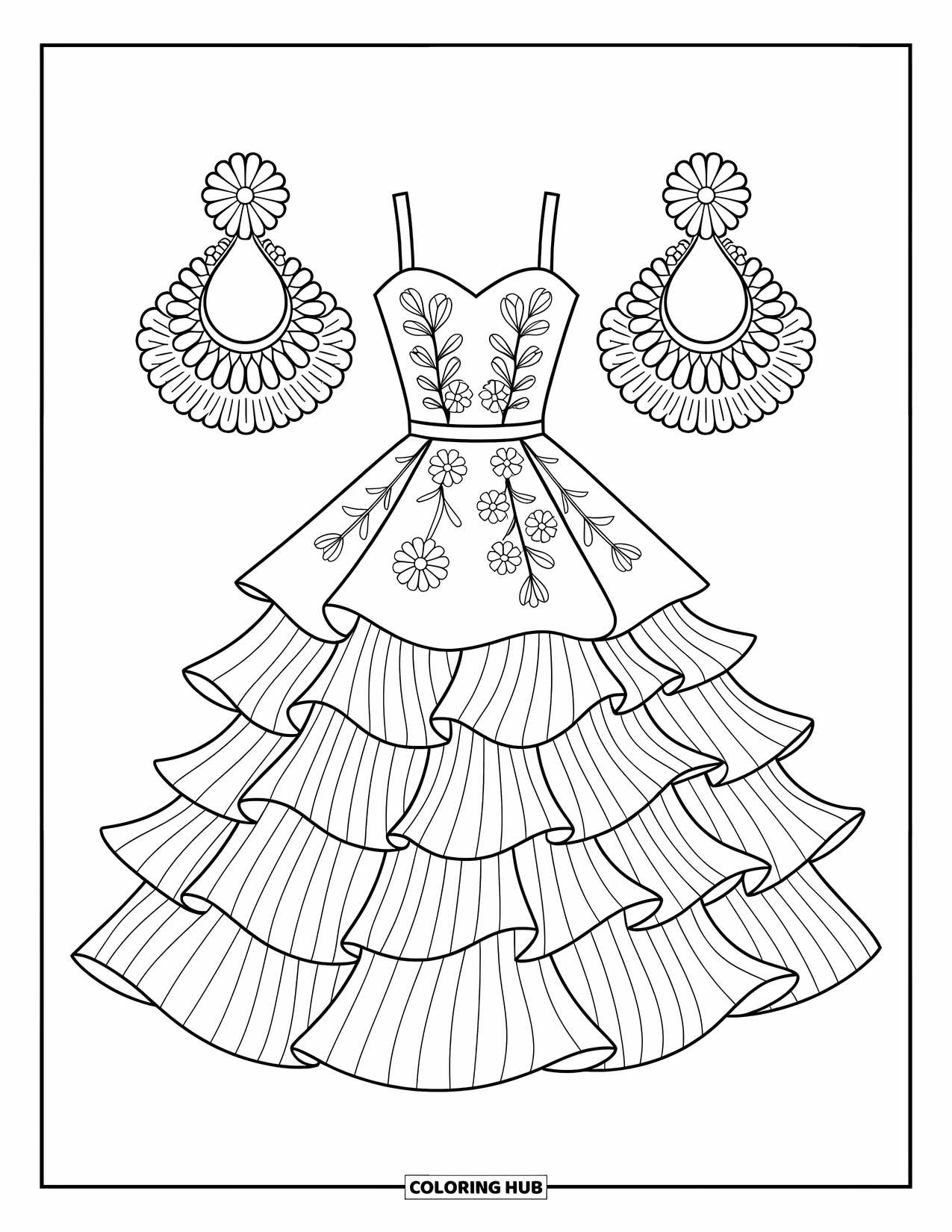 Fashion Dress Coloring Page for Kids: A ruffled dress with floral details stands beside bold statement earrings