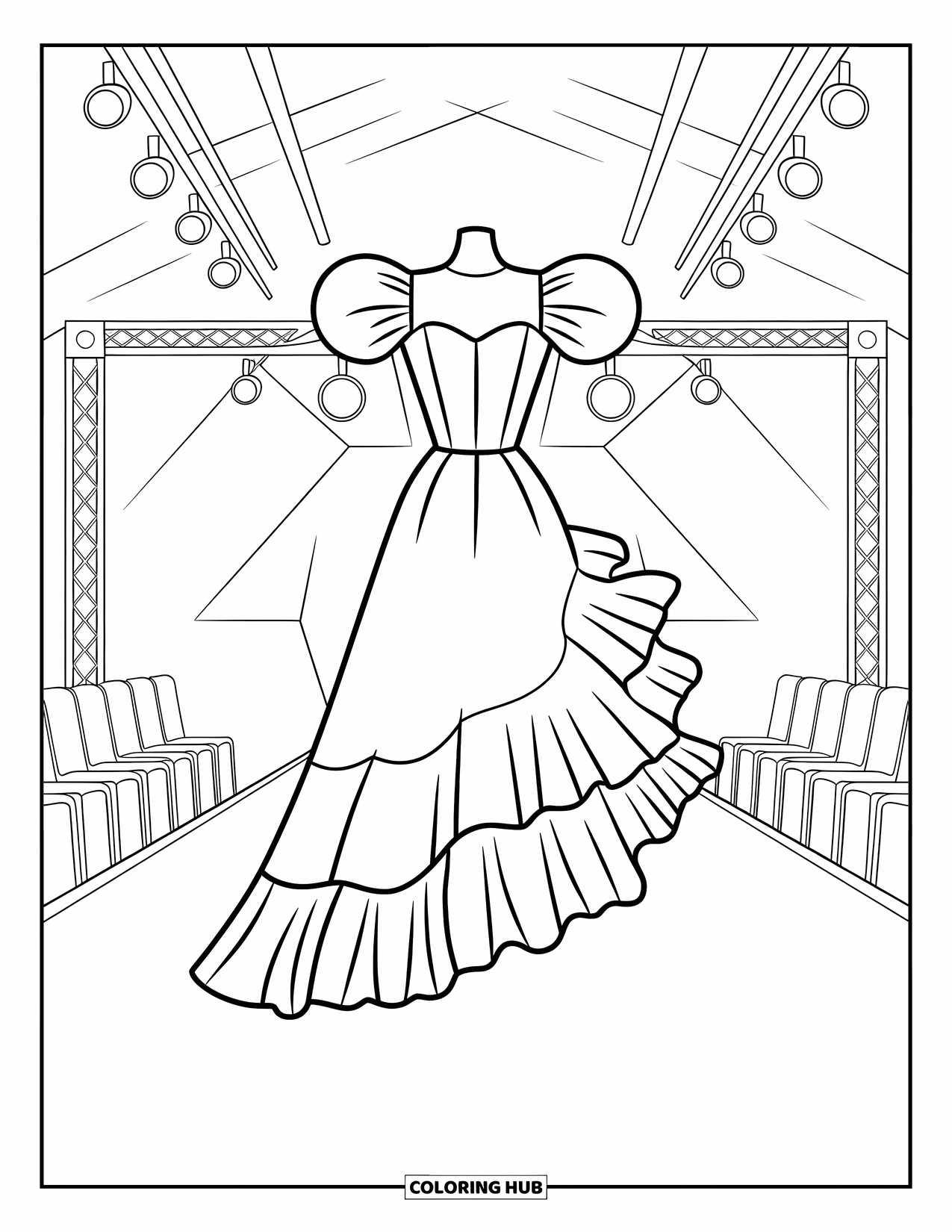 Fashion Dress Coloring Page for Kids: A ruffled dress with puff sleeves sits on a mannequin on a lit runway