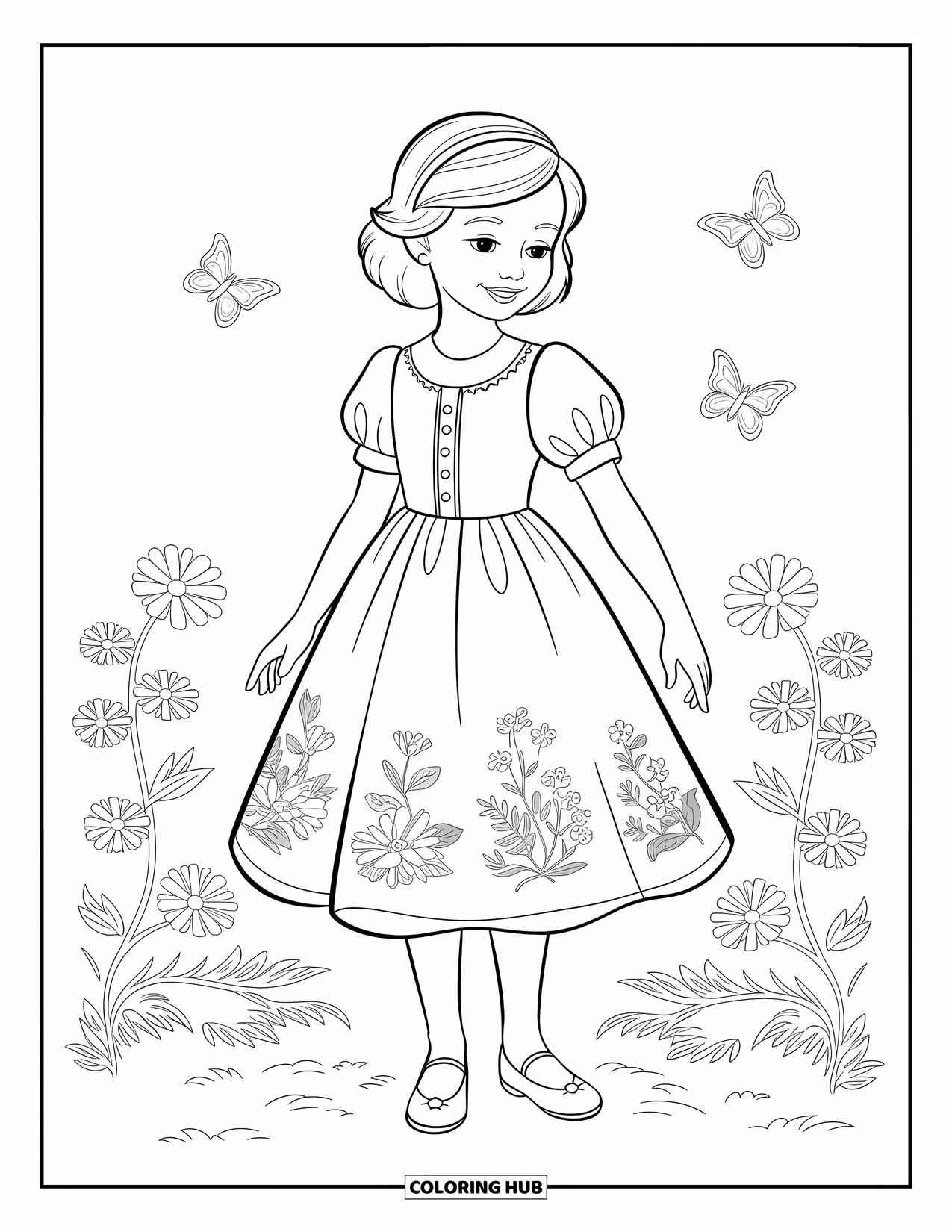 Fashion Dress Coloring Page for Kids: A tea-length dress with puff sleeves and floral patterns stands on a grassy field