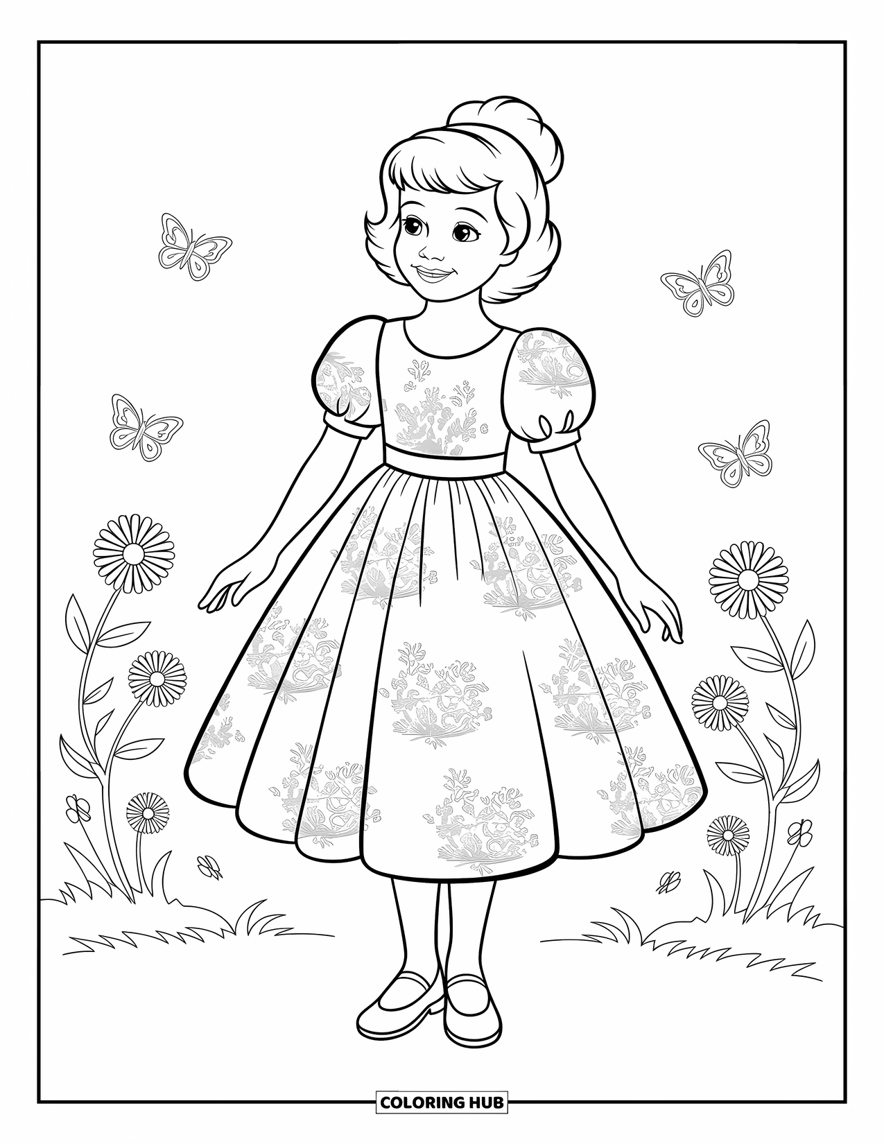 Fashion Dress Coloring Page for Kids: A tea-length dress with toile patterns and puff sleeves stands on a white background