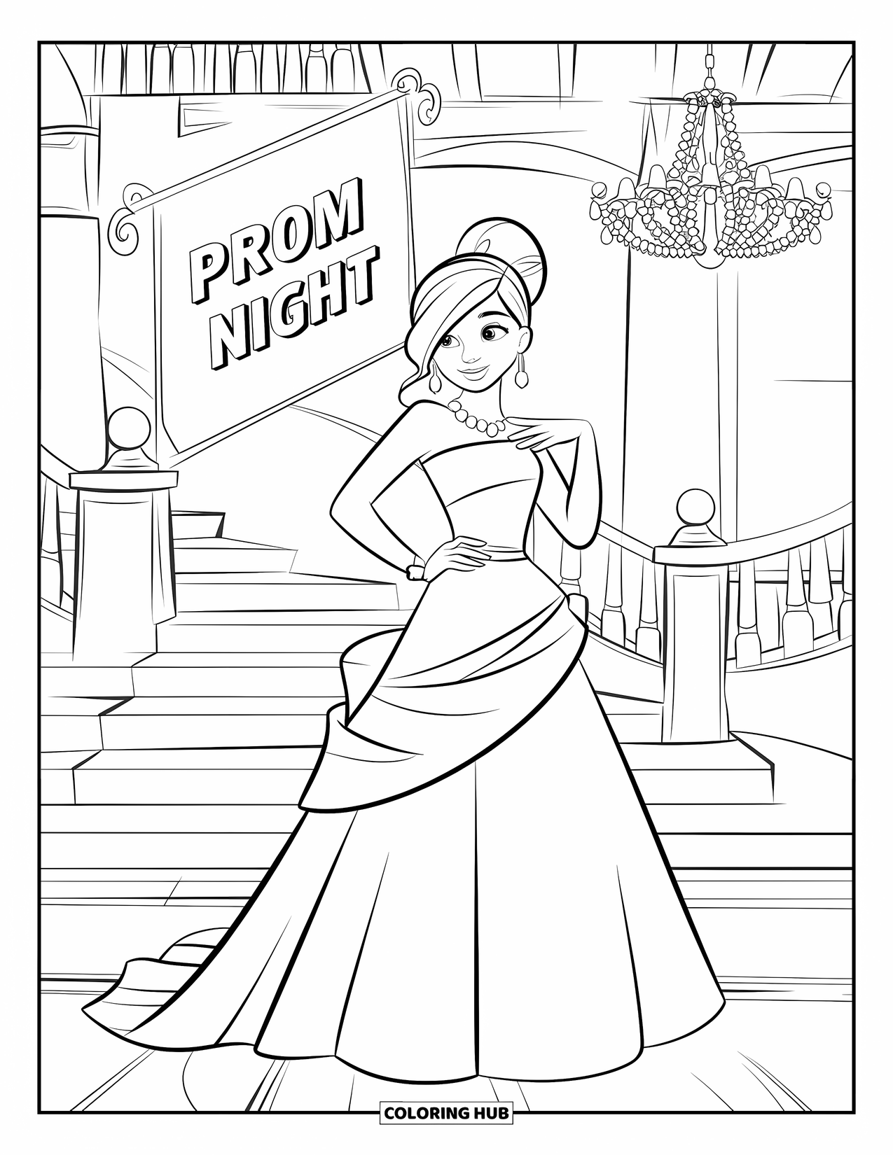 Fashion Dress Coloring Page for Kids: A teen girl in a gown poses near a staircase at prom night