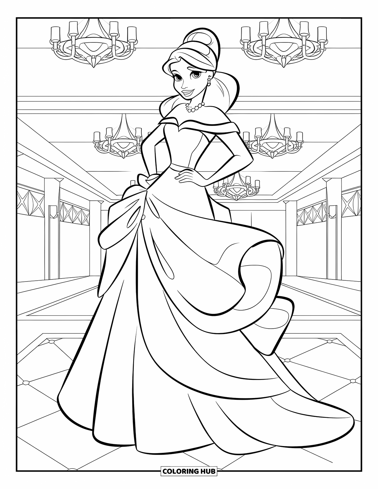 Fashion Dress Coloring Page for Kids: A teen girl in a gown stands gracefully at prom night under chandeliers
