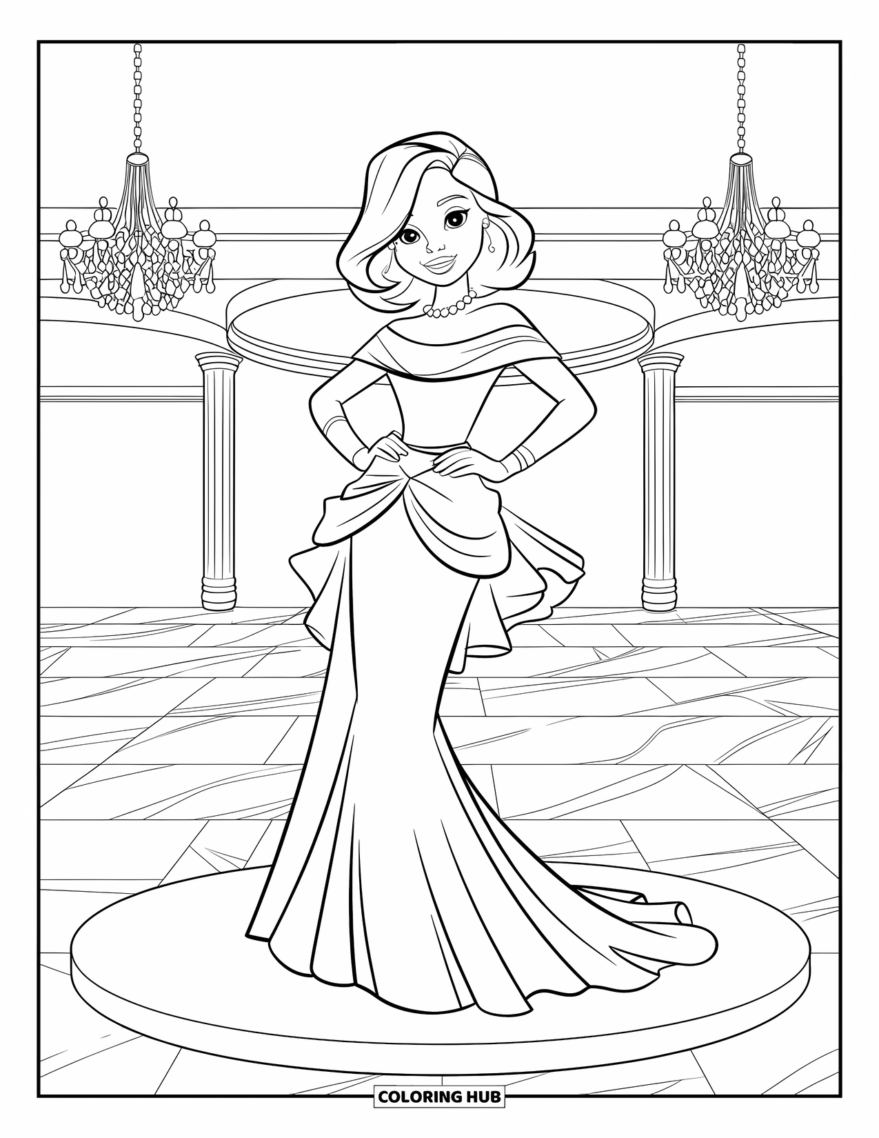 Fashion Dress Coloring Page for Kids: A teen girl in a gown stands on a platform at prom night in a ballroom