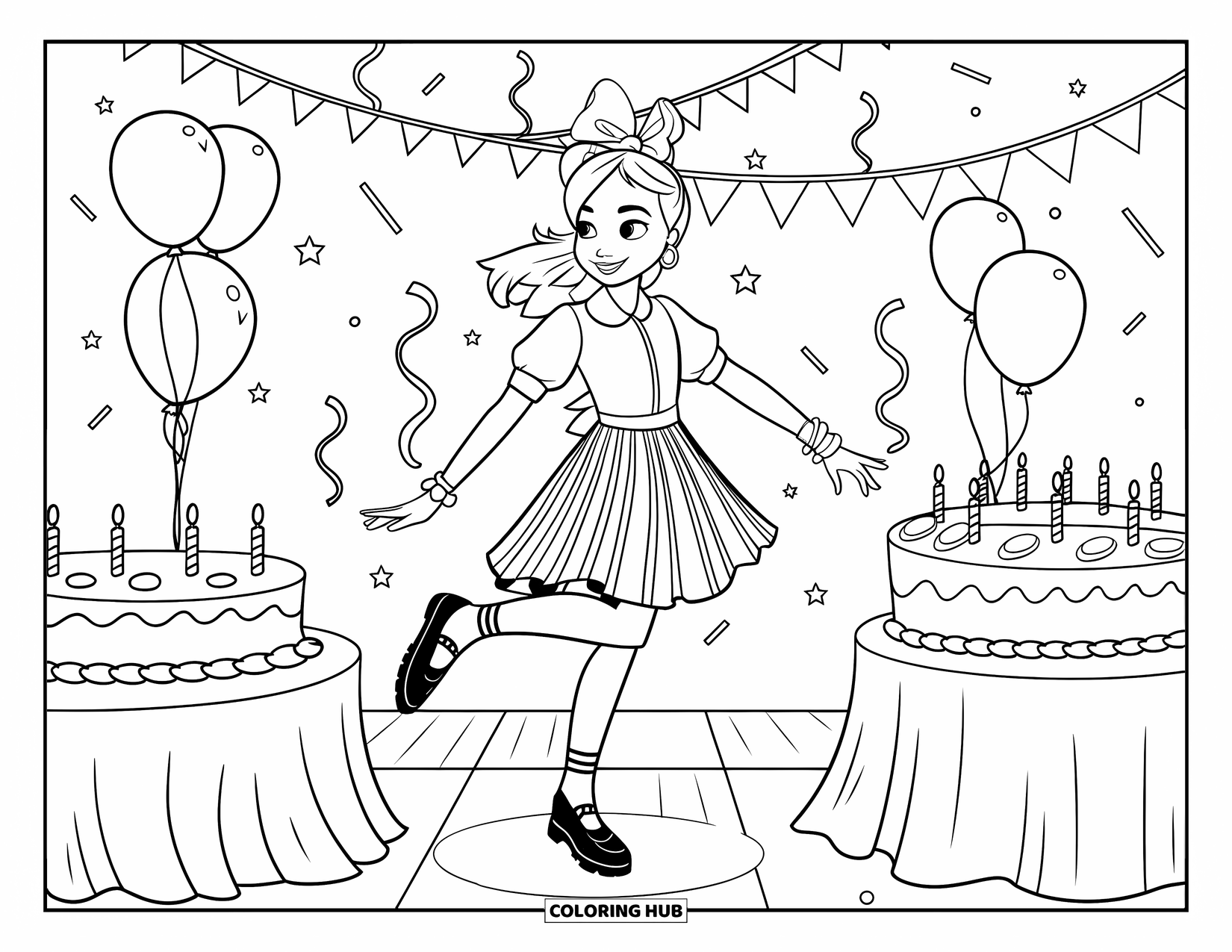 Fashion Dress Coloring Page for Kids: A teen girl in a pleated dress dances joyfully at a lively birthday party