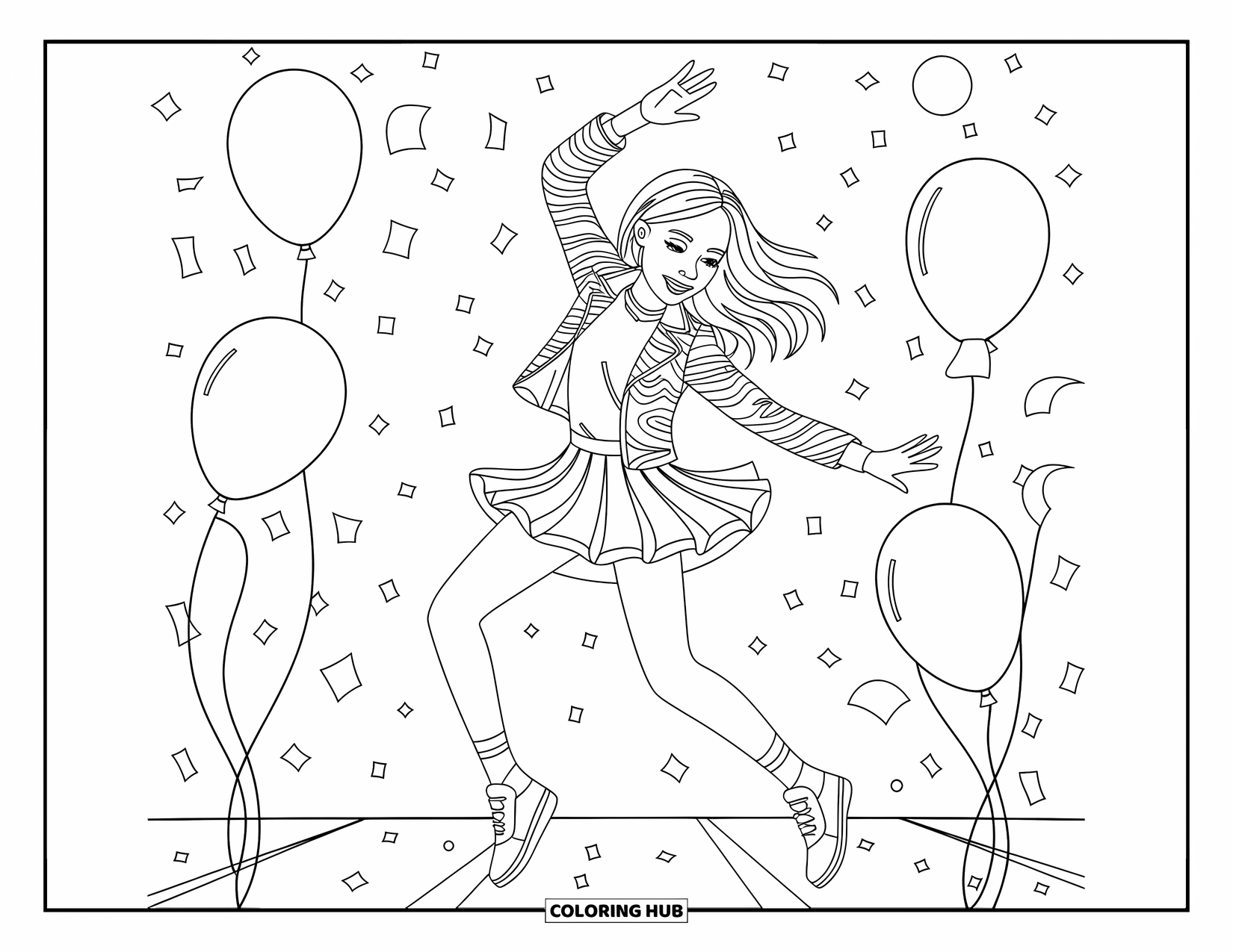 Fashion Dress Coloring Page for Kids: A teen girl in a trendy outfit dances at a party with balloons and confetti