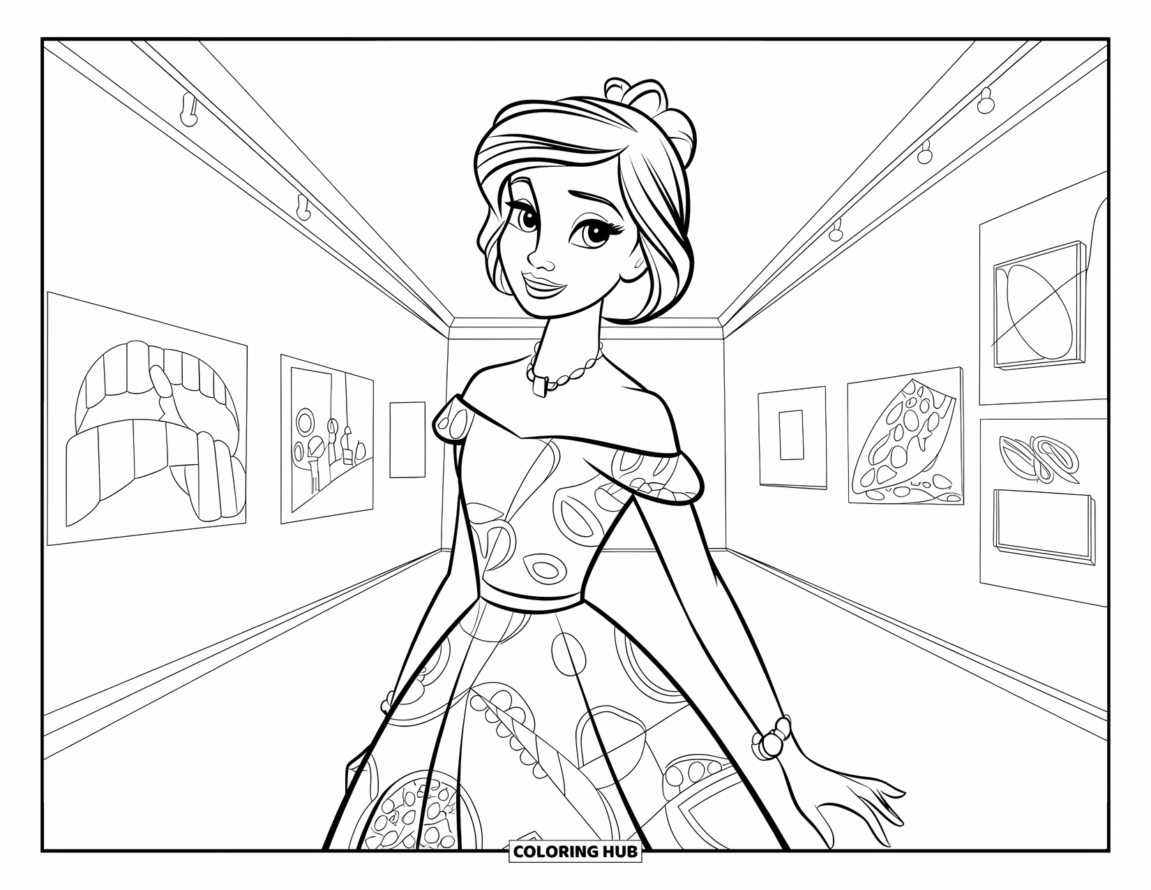 Fashion Dress Coloring Page for Kids: A teen girl in an artsy dress admires paintings at an art gallery